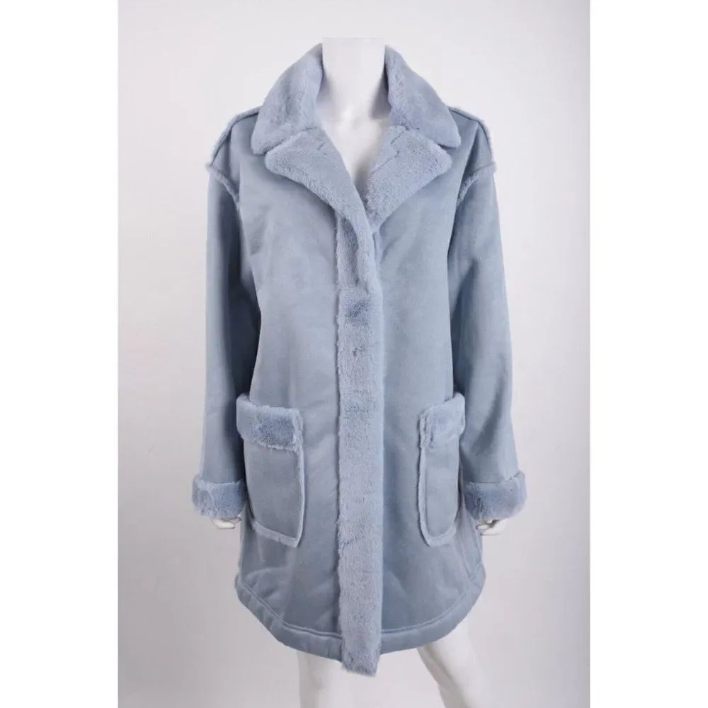 Badgley Mischka Womans Payton Coat Jacket Faux Shearling Size L Dusty Blue NWT